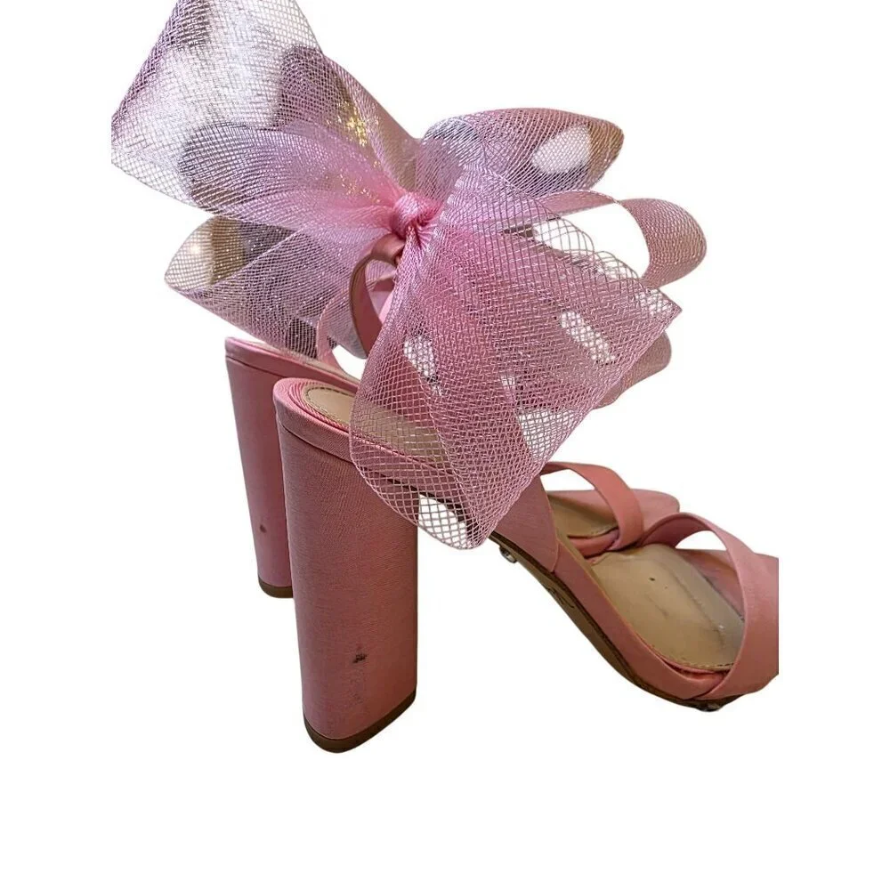 Pink Heeled Sandals With Large Tulle Bow Accent & Adjustable‎ Ankle Strap - Picture 8 of 16